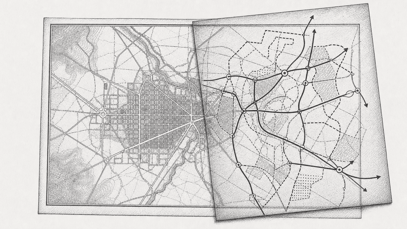 Dois mapas sobrepostos representam a diferença entre o modelo antigo e o novo contexto